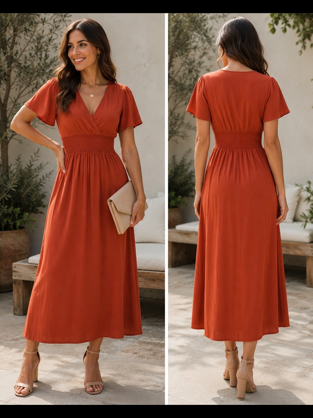 SHEIN Rust Flutter Sleeve Smocked Waist Midi Dress | Size Small